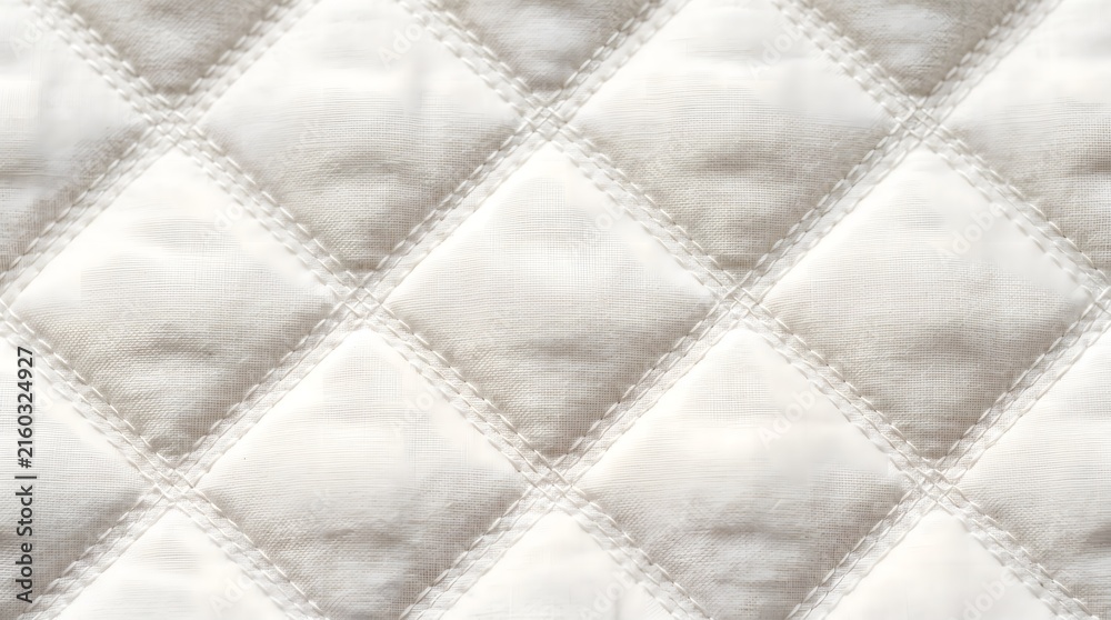 Naklejka premium Quilted white fabric featuring diamond stitched pattern with soft texture and elegant clean lines captured in bright natural studio lighting