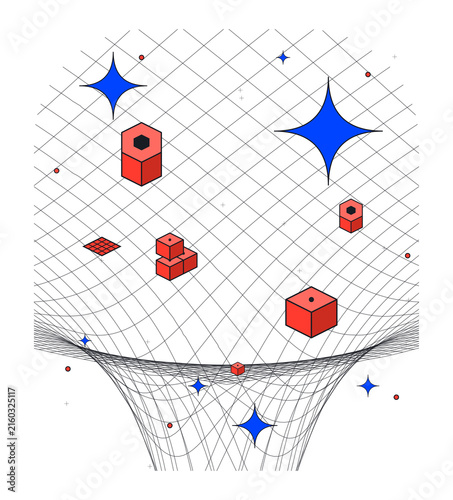 Photography Abstract geometric space background with a gravitational well, floating red 3d s