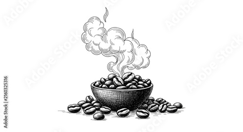 Detailed sketch of freshly roasted coffee beans overflowing a small wooden bowl with aromatic steam rising, in vintage engraving style.