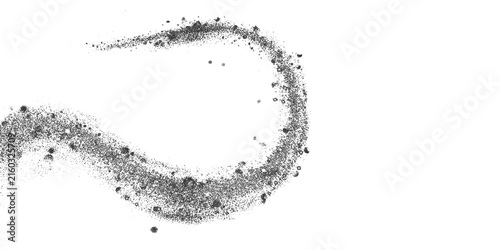 Black dust particles forming a swirling trail, creating an abstract dynamic motion effect, with powder explosion elements on a transparent background for graphic design