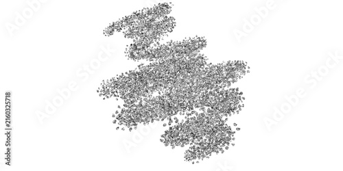 Abstract black chaotic shape forming from numerous small textured particles creating a dynamic grunge overlay