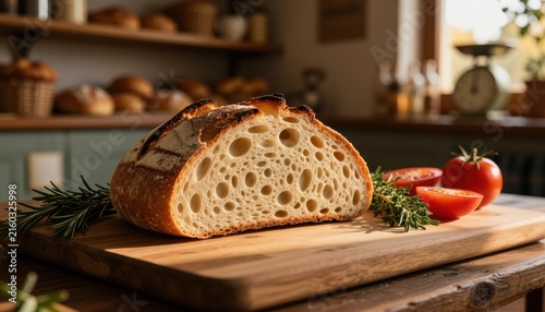 Artisan sourdough bread loaf sliced open showcasing golden crust and soft interior surrounded by fresh ingredients