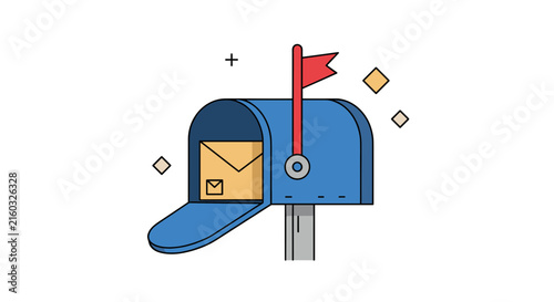 Blue mailbox with a raised red flag containing a yellow letter envelope symbolizing incoming mail and communication.
