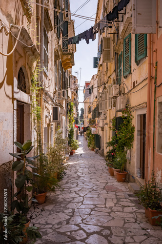 The streets and alleys of the city of Corfu on the island of Corfu in Greece.
