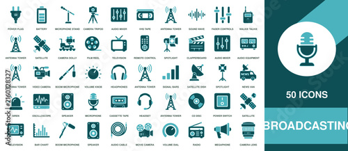 Curated collection of 50 dark teal broadcasting icons for media production and audio visual technology interface design and development