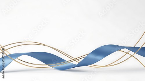 Elegant blue ribbon flowing with gold curves on a clean white background