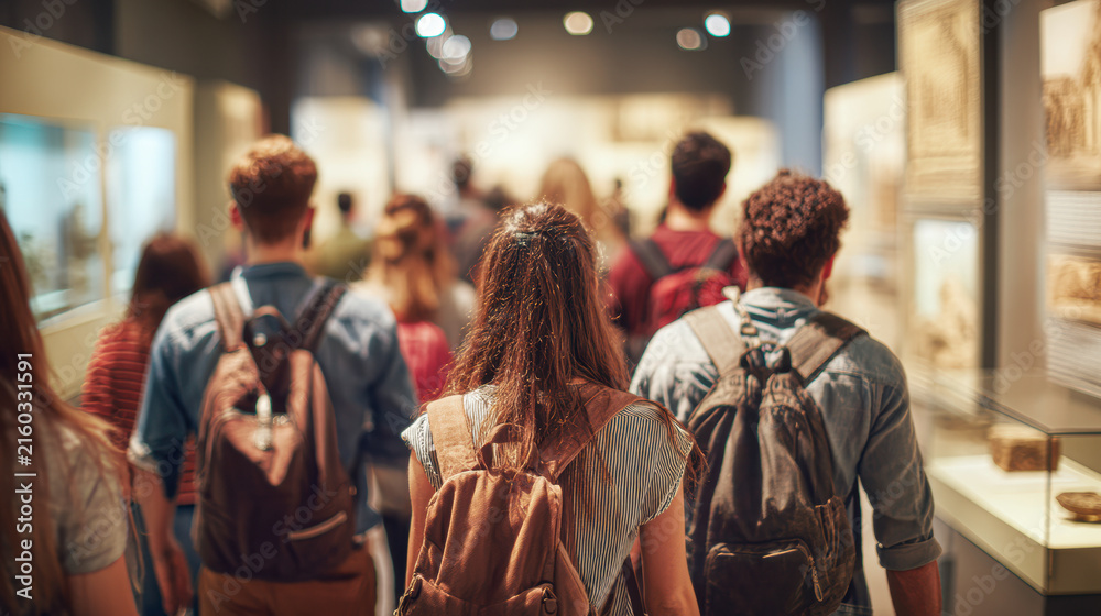 Fototapeta premium People with backpacks walk through a brightly lit museum or gallery, surrounded by display cases and exhibits, viewed from behind.