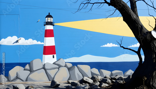 Flat graphic vector art of a classic red and white striped coastal lighthouse standing on grey rocks emitting a wide yellow light beam into a blue sky.