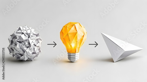 Paper evolution concept showing a crumpled paper transforming into a glowing lightbulb and then a paper plane representing creative brainstorming and idea execution