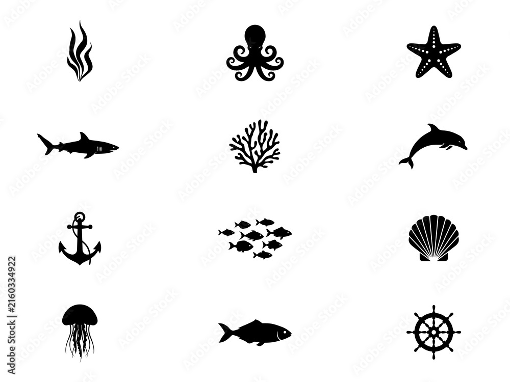 Fototapeta premium Ocean animals black silhouette pack high resolution picture