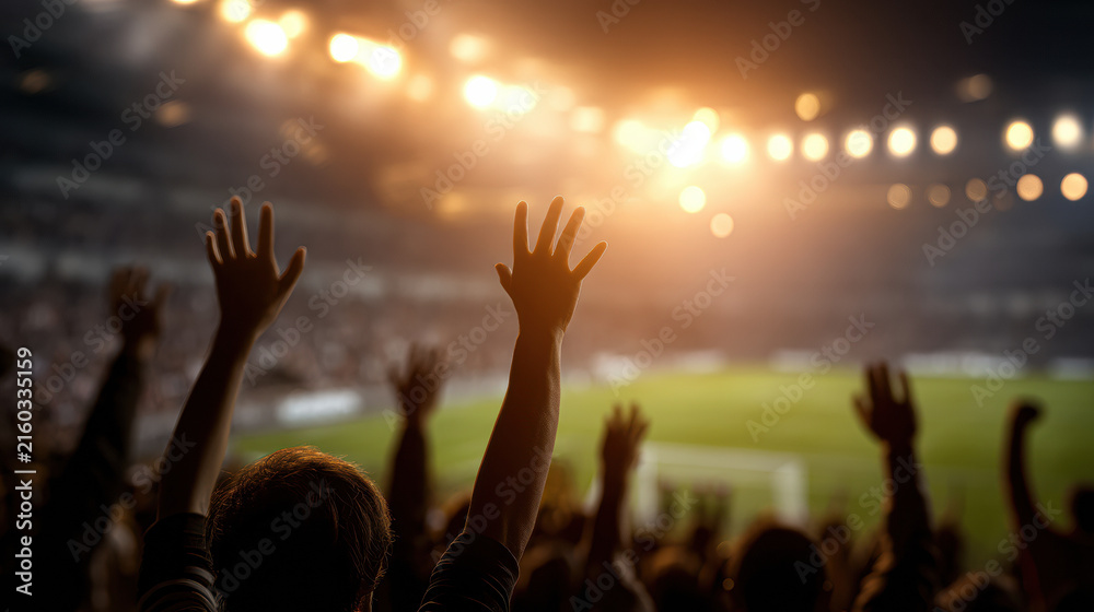 Fototapeta premium Fans raise their hands in celebration at a stadium filled with bright lights and a lively crowd during a nighttime sports event.