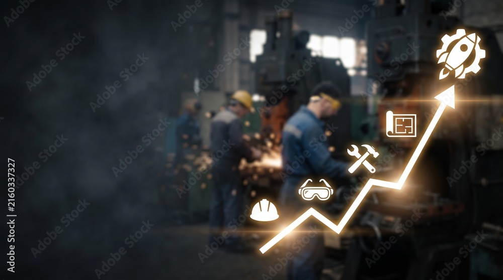 Fototapeta premium Industrial growth strategy concept featuring a glowing upward arrow chart and engineering icons overlaid on professional factory workers operating heavy machinery in a dark manufacturing facility