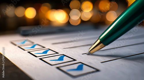 Documenting progress with checkboxes and a pen on a soft-focus background of warm lights
