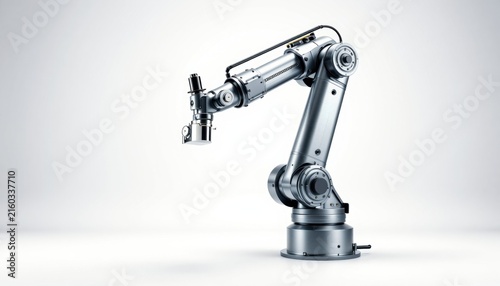 Detailed view of a robotic arm component on a seamless white background for industrial and technological applications