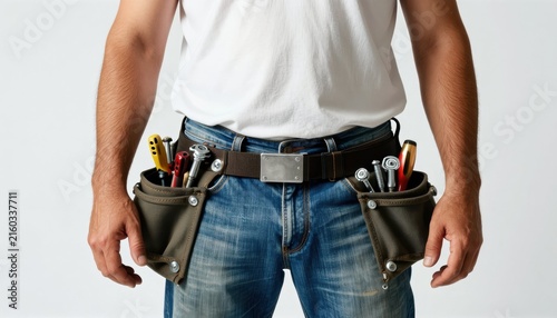 A determined construction worker stands confidently in the middle holding tools and prepared for the next task