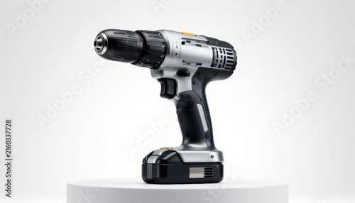 A modern power drill showcased on a clean white pedestal perfect for contemporary tool displays