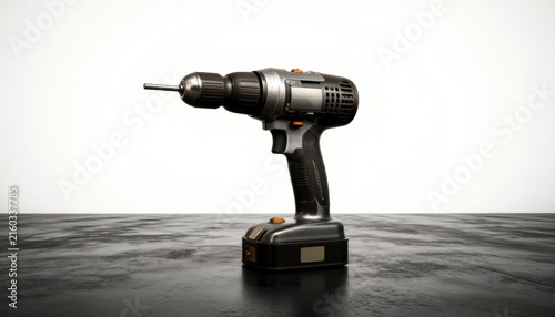 A vintage industrial style power drill on a clean surface perfect for home improvement and diy projects