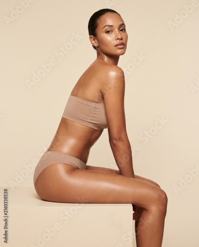 Woman Sitting Side View Beige Underwear Body Skincare Portrait