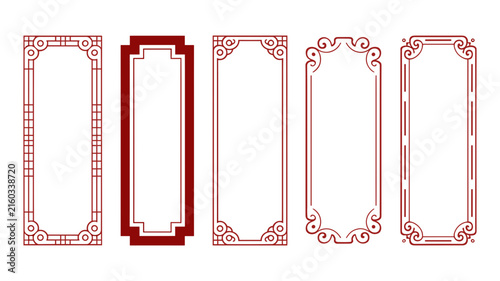 Five vertical rectangular decorative frames with traditional asian style line border