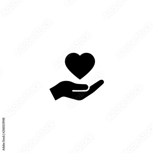 Minimalist black icon of a human hand holding a heart shape representing love care and charity