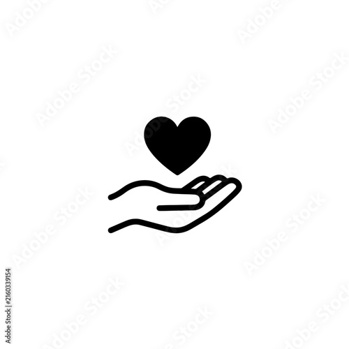 Minimalist black icon of a human hand holding a heart shape representing love care and charity