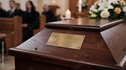 Close-up of a brass nameplate on a wooden coffin during a solemn funeral ceremony with copy space for text.