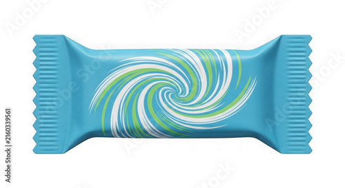 Blue candy bar with swirl design for packaging mockups. Isolated confectionery treat with glossy transparent wrapper texture.