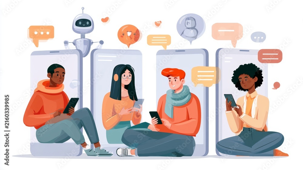 Fototapeta premium Modern vector illustration representing social networking, AI assistance, profile creation, online communication, digital interaction, community, and smart technology.