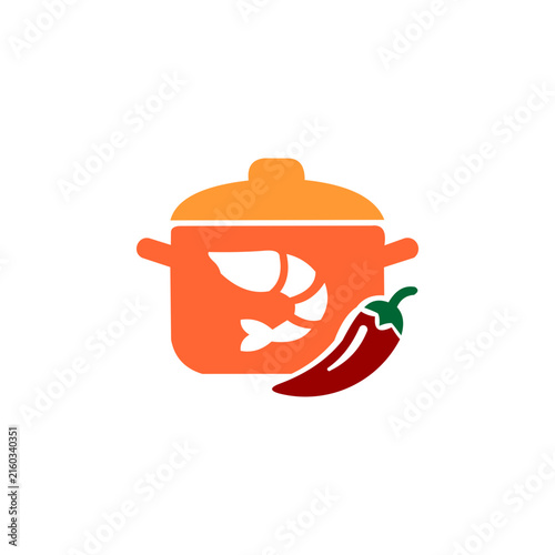 A colorful vector logo featuring an orange cooking pot adorned with a white shrimp silhouette, accompanied by a red and green chili pepper, set against a solid white background.