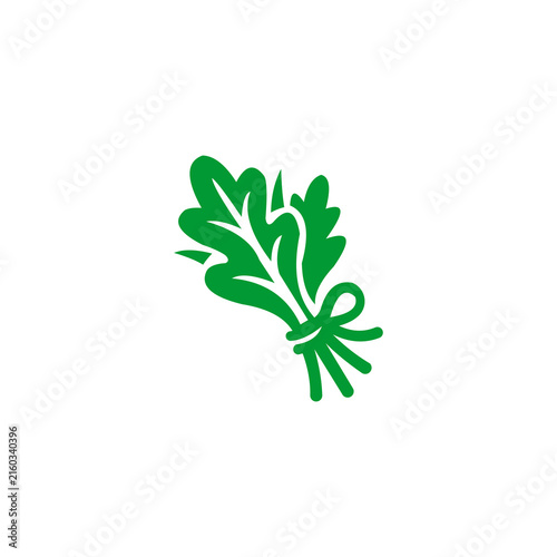 A minimalist green vector icon of a tied bunch of leafy greens or herbs, such as kale or lettuce, set against a solid white background.