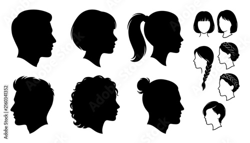 Man and woman head profile vector collection featuring black silhouette avatars with diverse modern hairstyles illustrations