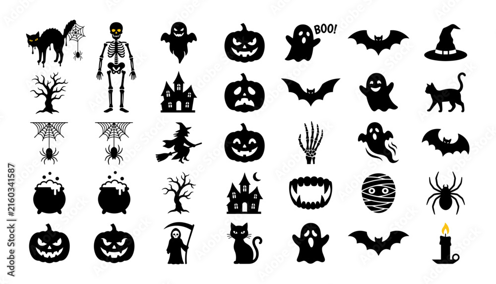 Obraz premium Large Halloween black silhouette icon bundle featuring spooky ghosts skeletons pumpkins witches bats and creepy monsters