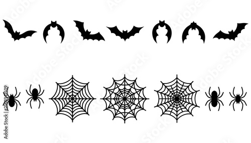 Halloween black flat silhouette element collection featuring spooky flying bats crawling spiders and round web vectors