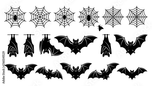 Halloween black flat silhouette element collection featuring spooky hanging spider webs and creepy flying bat vectors