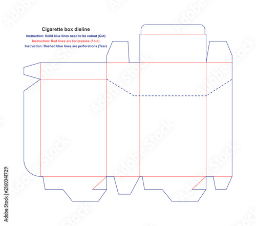 Flat professional cigarette box dieline template with fold and cut lines