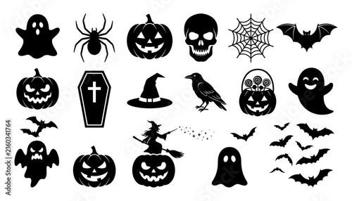 Quadro su tela Halloween element black silhouette icon set with spooky ghosts skulls pumpkins witch coffin spider web raven and flying bats