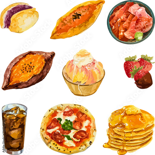 Hand drawn watercolor food set including taro bun, baked sweet potato, pizza, pancakes with syrup, iced coffee, and desserts vector