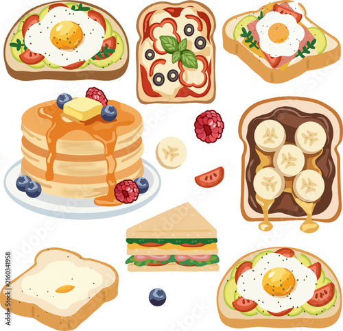 various breakfast toasts, pancakes with syrup, avocado egg toast, peanut butter banana toast, and sandwich isolated on white background