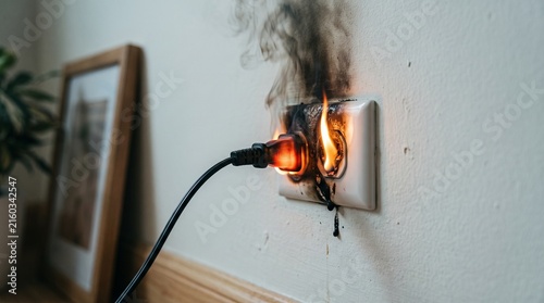 Dangerous electrical outlet sparking with intense flames and thick dark smoke causing a severe fire hazard inside a residential home setting during a sudden blackout