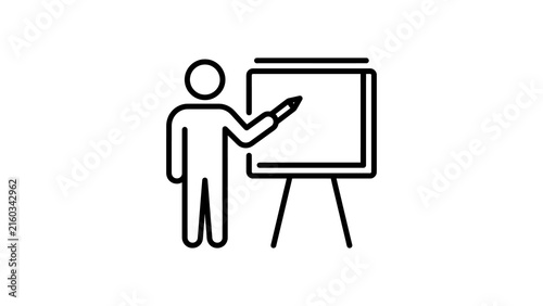 Presenter standing beside and pointing at whiteboard with pen icon.