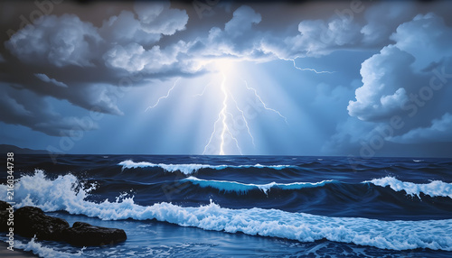 A dramatic storm scene over a dark, turbulent ocean with crashing waves, a powerful bright bolt of lightning striking down from heavy dark storm clouds onto the ocean horizon, dramatic light beam rays
