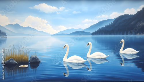 Two graceful white swans gliding together on a serene, mirror-like blue lake, crystal clear water reflections, surrounded by mist-covered distant mountains under a soft blue sky with light fluffy clou