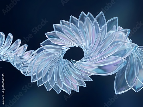 Ethereal Translucent Glass Petal Spiral Sculpture Floating Against Deep Cosmic Dark Background with Iridescent Light Reflections