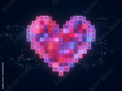 Glowing pixelated digital heart shape composed of vibrant purple, pink, and blue hues against a futuristic binary code backdrop
