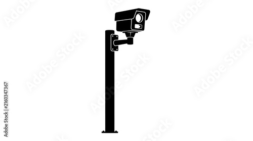 Black and white silhouette of a CCTV security camera mounted on a pole for surveillance and safety monitoring.