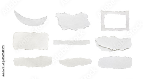 White Torn Paper Elements Collection with Ripped Pieces, Strips, Frame and Blank Labels Isolated on Transparent Background, PNG