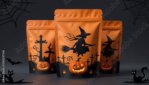 Creative halloween packaging mockup showcasing enchanting witch and pumpkin illustrations for seasonal celebrations