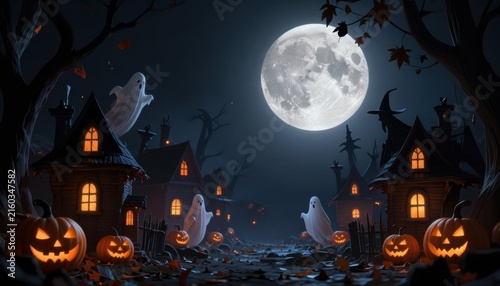 An eerie halloween scene with a full moon illuminating haunted houses and ghostly figures in the night sky