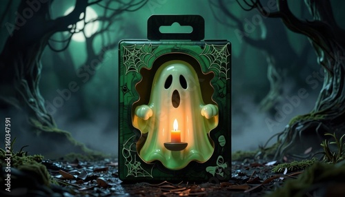 A haunting halloween packaging mockup showcasing a ghostly candle amidst a mysterious forest backdrop