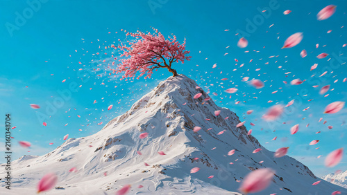 Arbre rose fleuri au sommet d'une montagne en hiver avec du vent et des pétales s'envolant